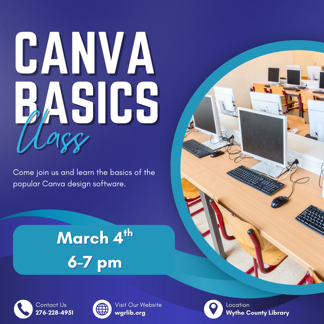 Blue background with Computers at a desk for design class for Canva