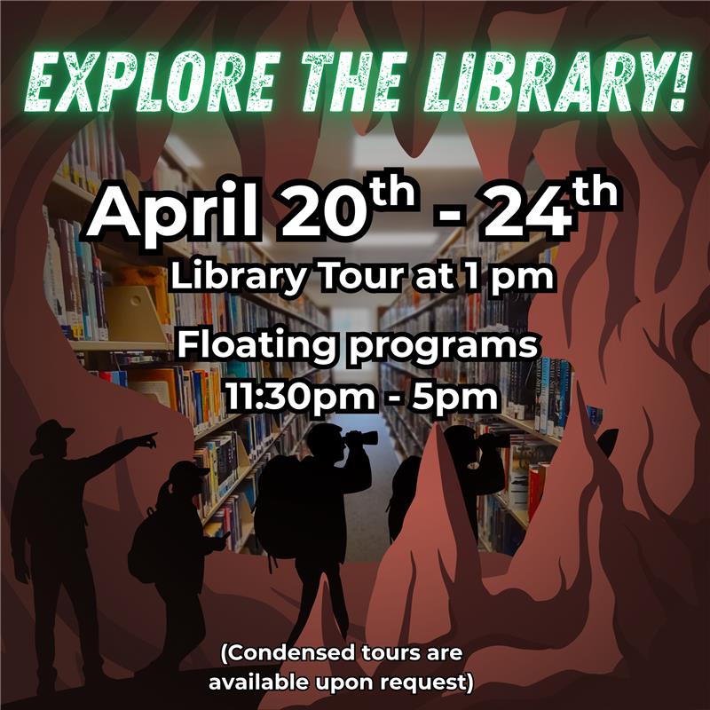 Library stack with people exploring with a red rock border.