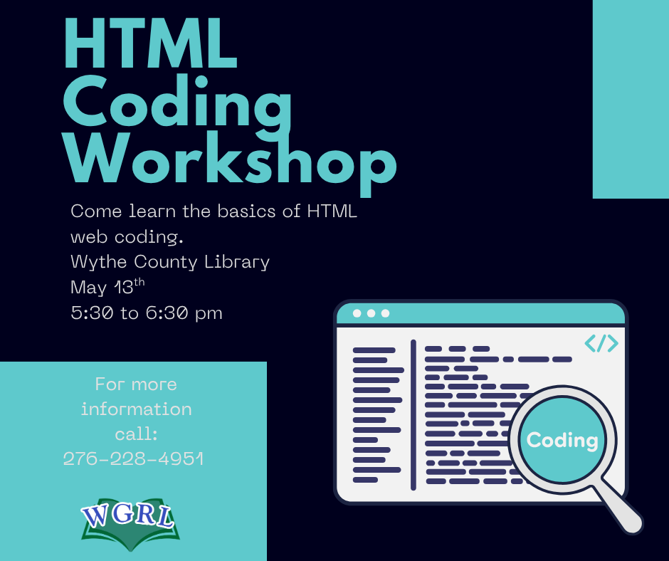 Dark Blue background with computer tab with coding for HTML