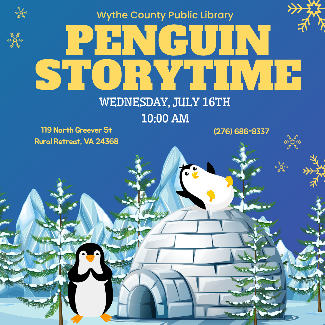 blue background with winter scene with penguins