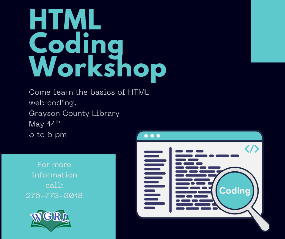 Dark Blue background with computer tab with coding for HTML