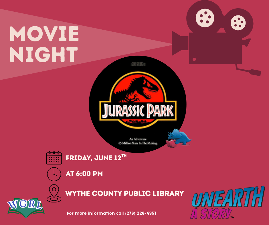 red background with movie camera and Jurassic Park move logo