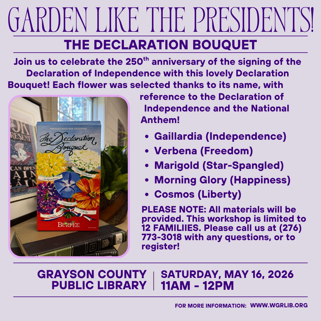 Light purple background with Garden like the presidents and photo of a seed packet
