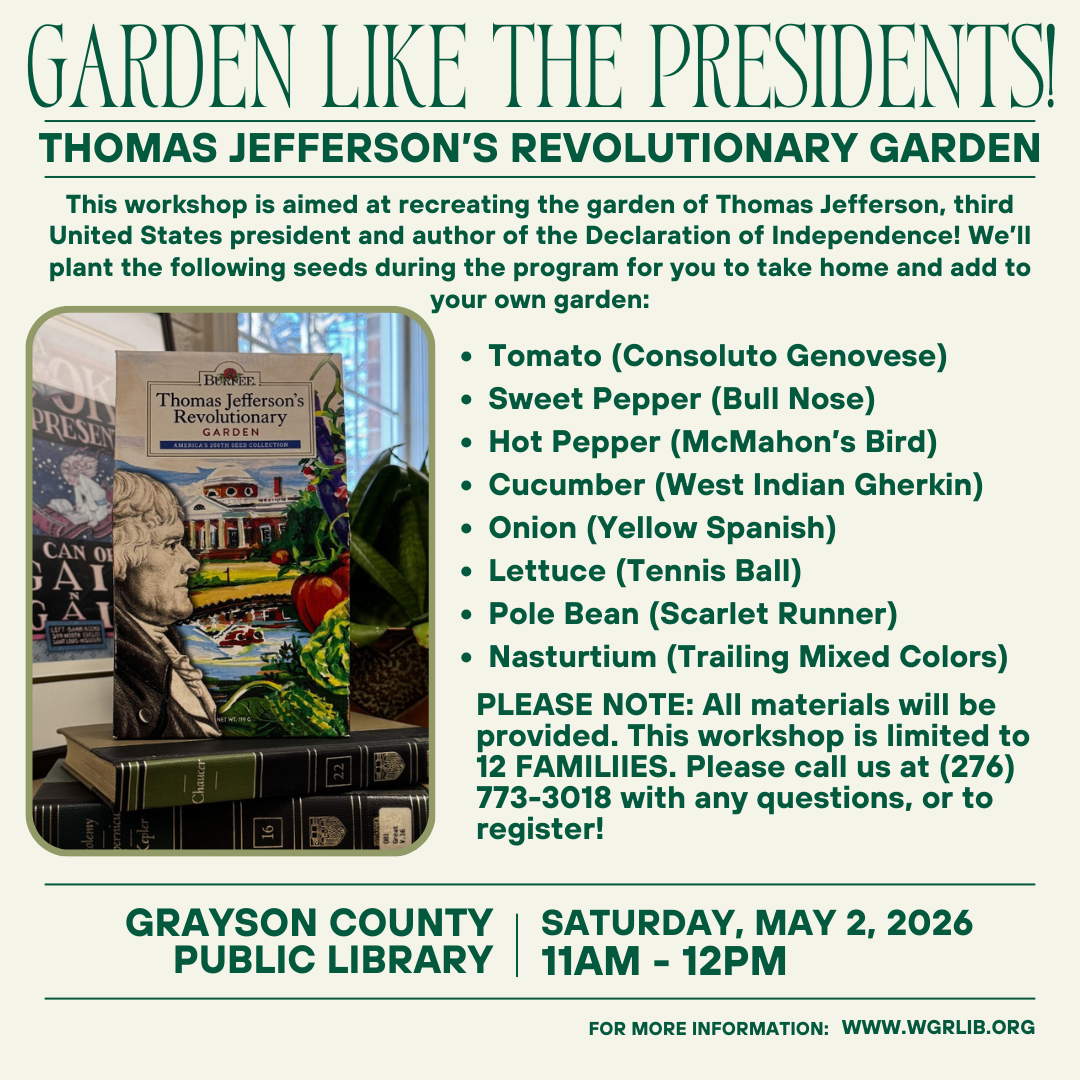 light green background with Garden like the presidents and photo of a seed packet