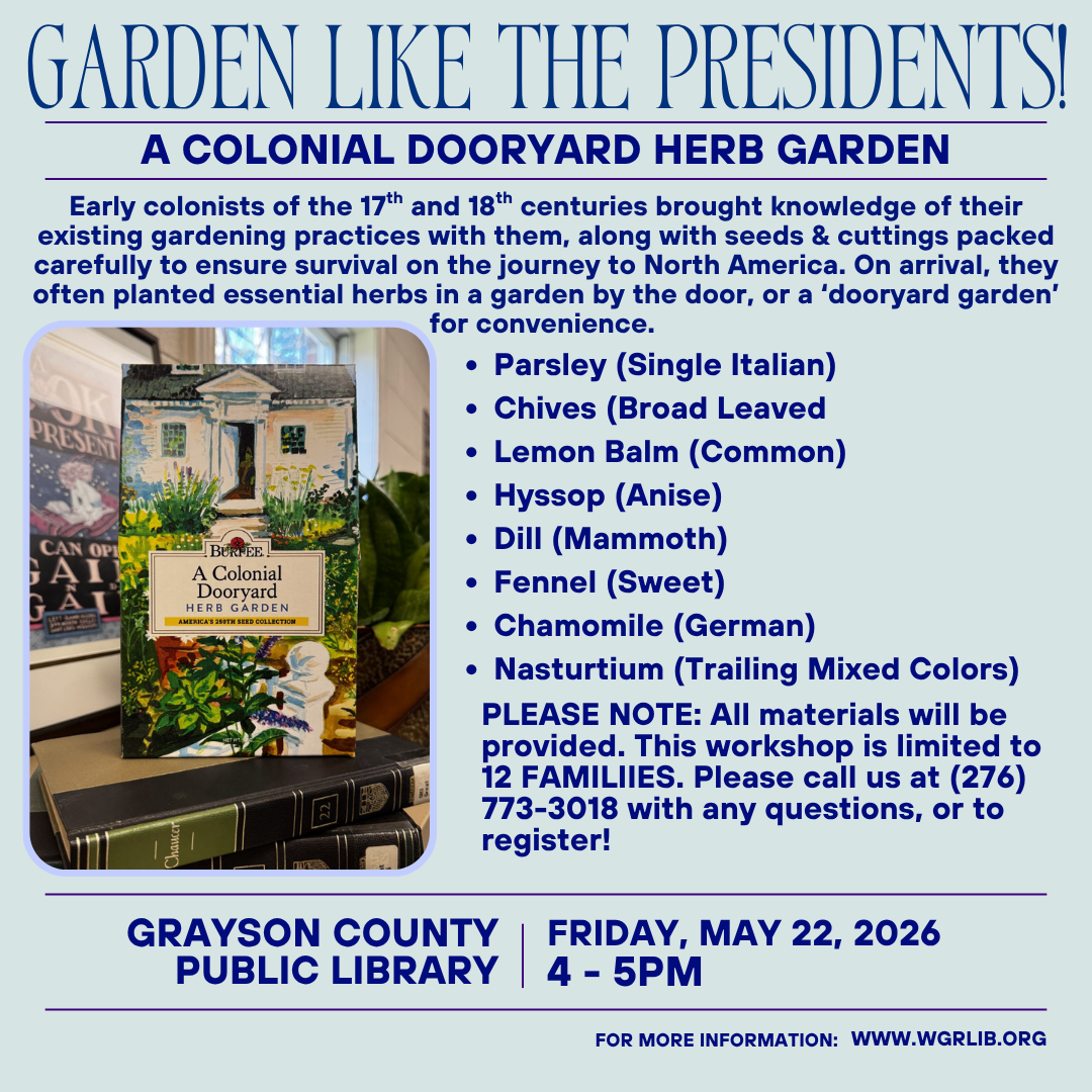 light blue background with Garden like the presidents and photo of a seed packet