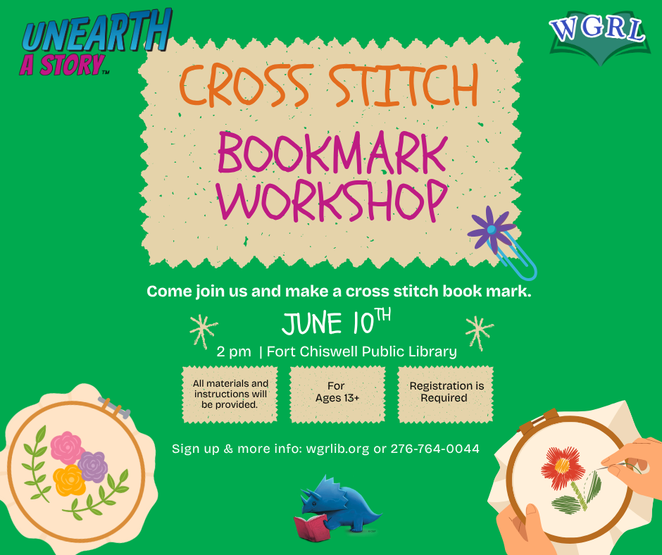 Green background with cross stitch hoops and designs.