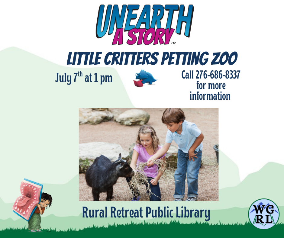 Green mountain background with photo of children petting a goat