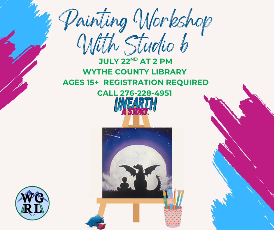 magenta and blue paint swatches with easel with dragon painting