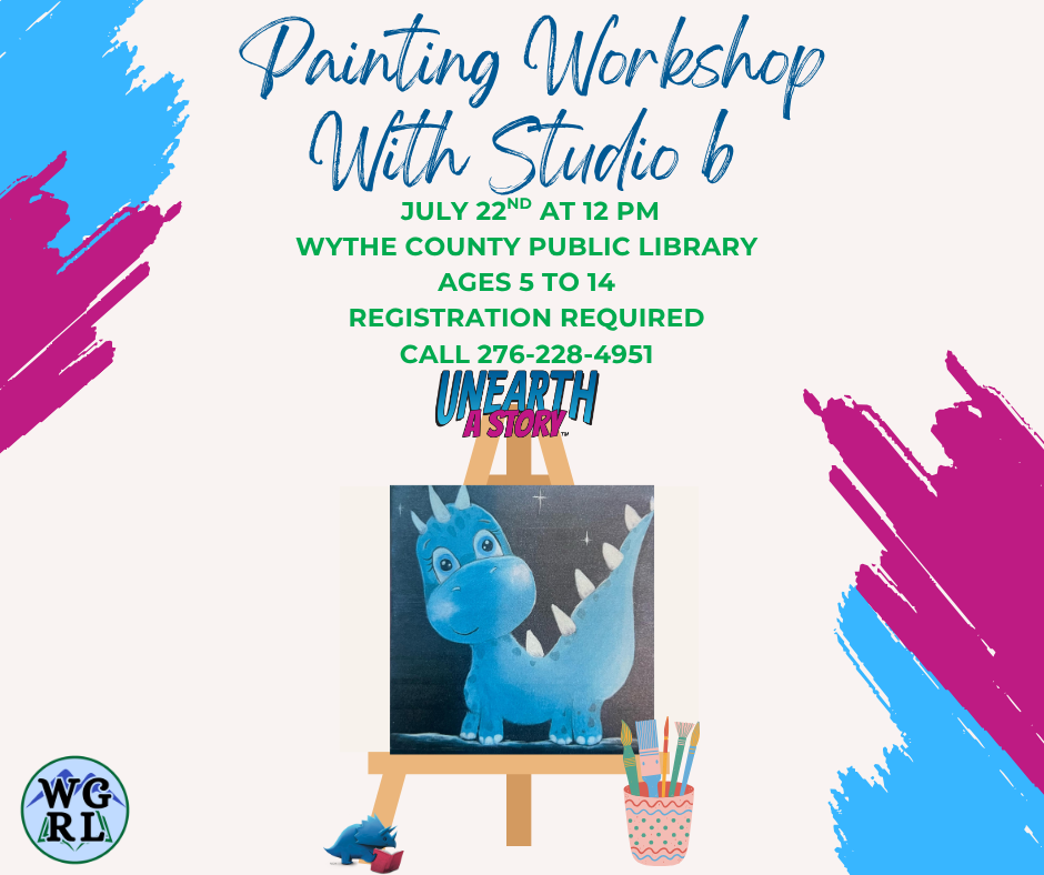 magenta and blue paint swatches with easel with dragon painting