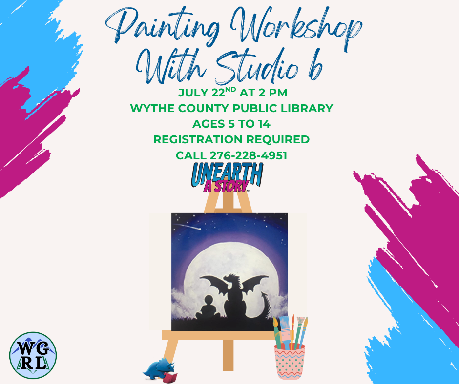 magenta and blue paint swatches with easel with dragon painting