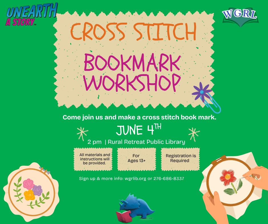 Green background with cross stitch hoops and designs.