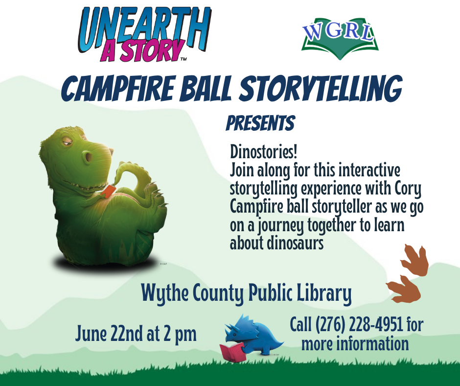 Green mountain background with a dinosaur reading