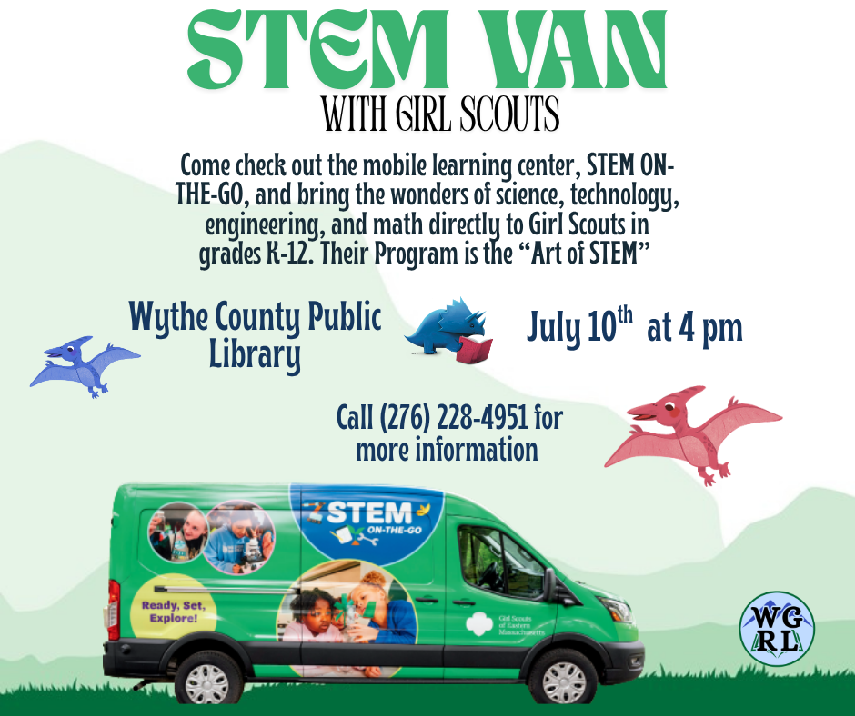 Green mountain background with girl scout steam van