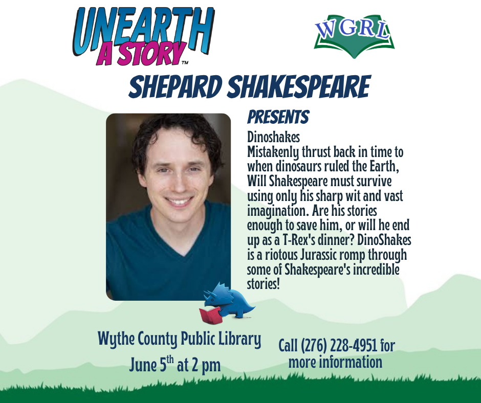 Green mountain background with photo of actor Shepard Shakespeare
