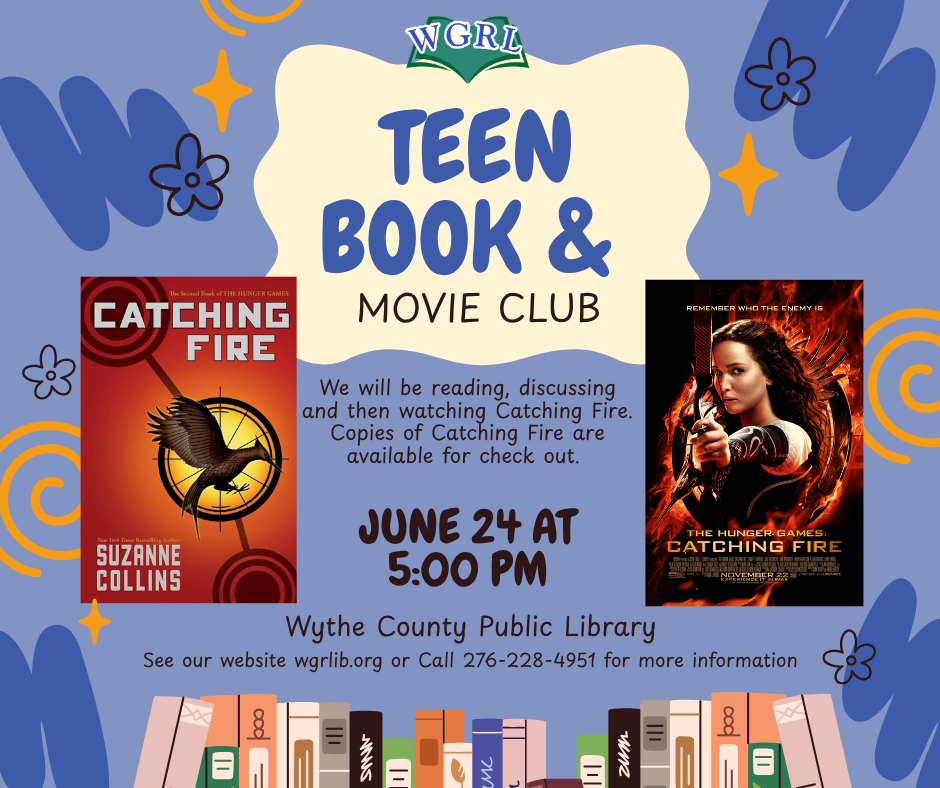 Blue background with Catching Fire book and movie cover