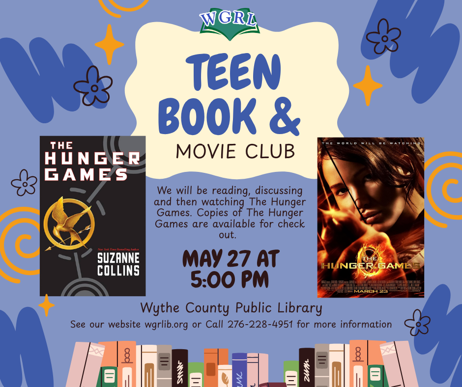 Blue background with the hunger games book and movie cover