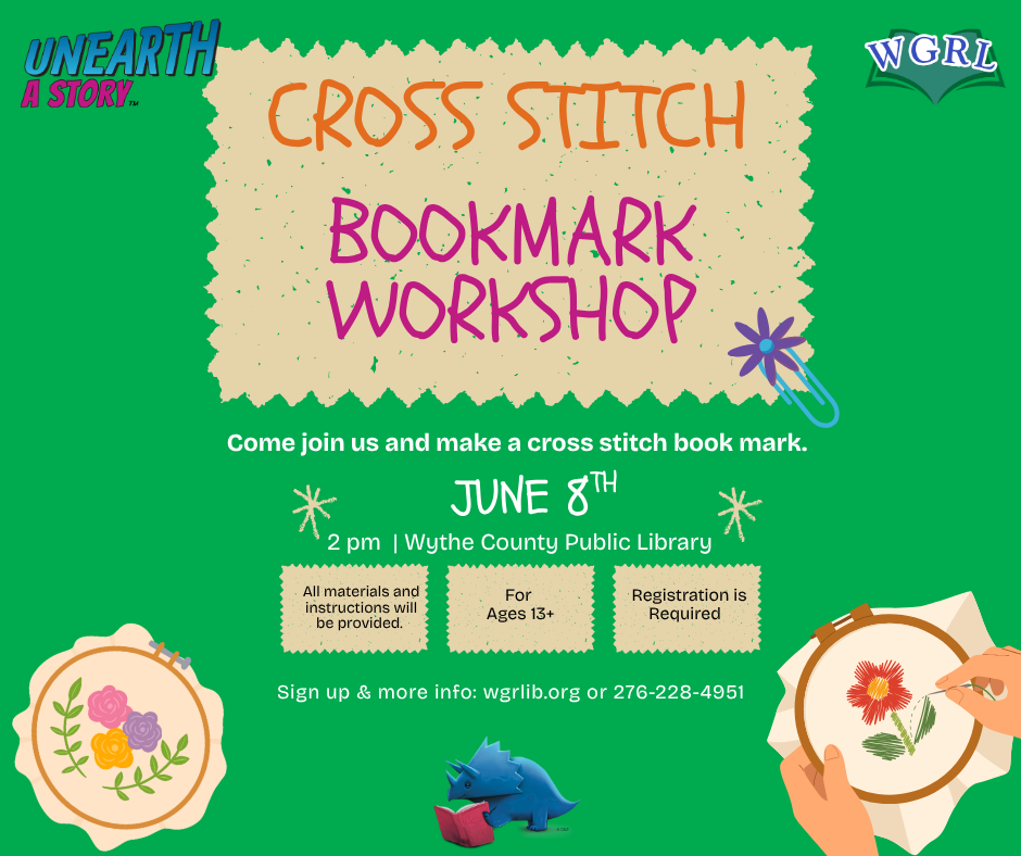 Green background with cross stitch hoops and designs.