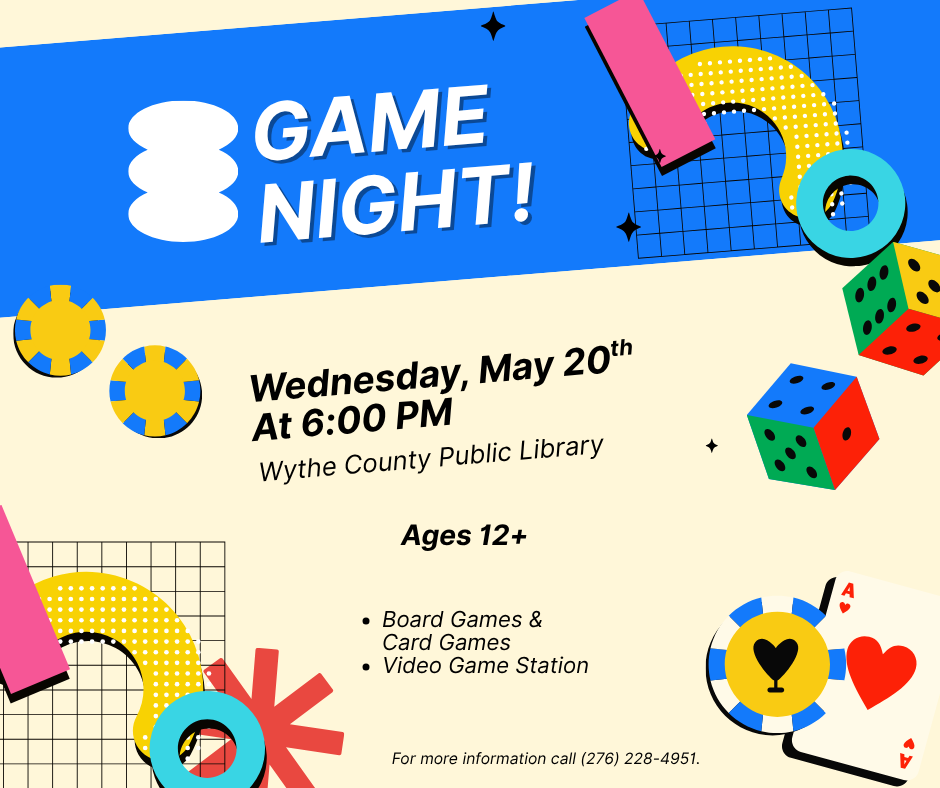 Blue stripe at top with Game night and board game pieces, cards and dice.