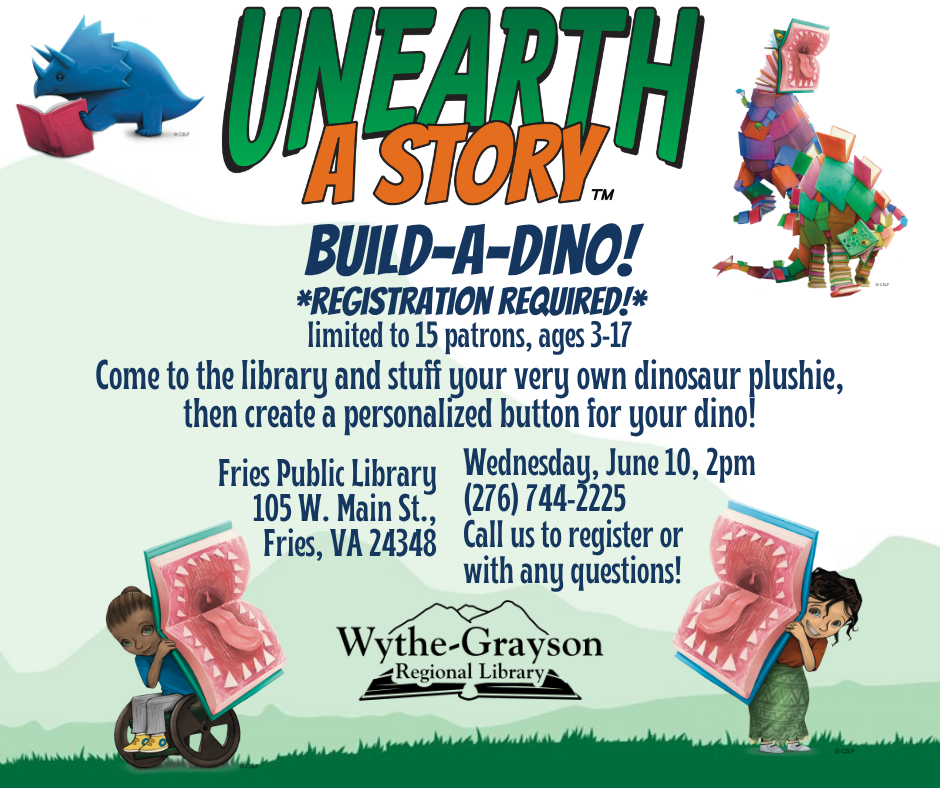 Green Mountain Background with graphics of kids and adults reading with dinosaurs,