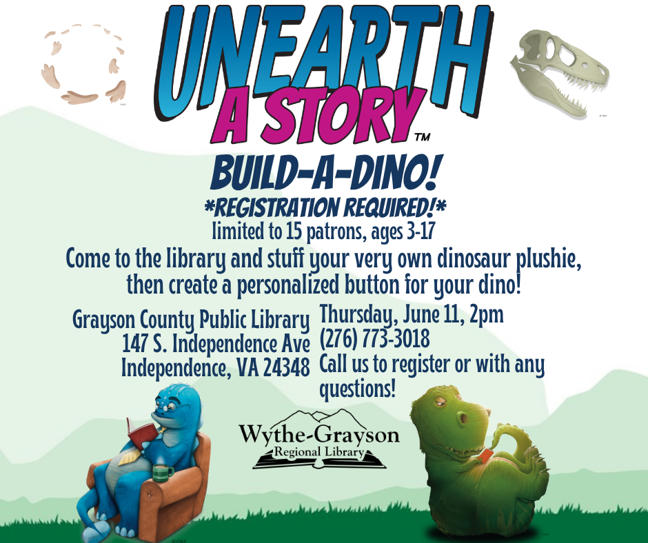 Green Mountain Background with graphics of kids and adults reading with dinosaurs,