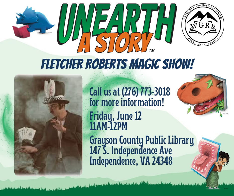 Green mountain background with photo of magician Fletcher Roberts