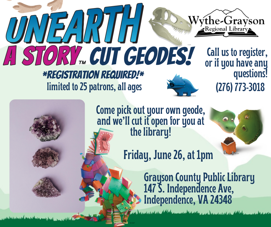 Green mountain background with photo geodes and graphics of dinosaurs.