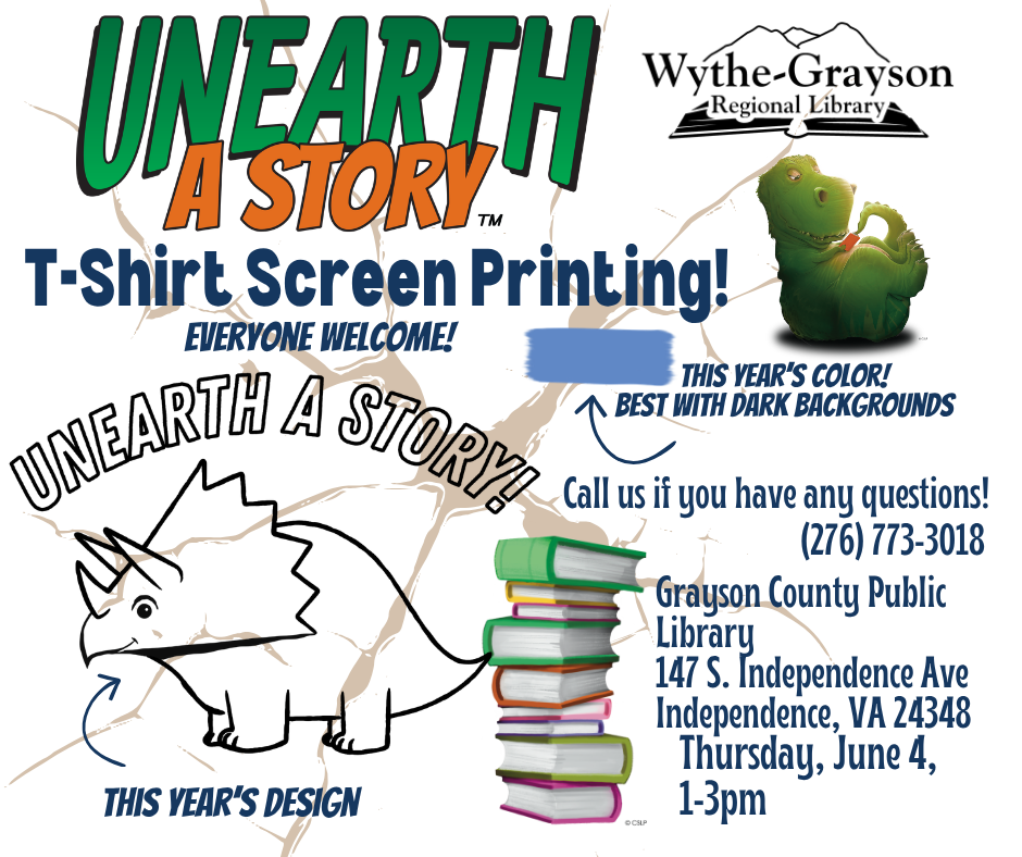 Unearth a story logo with t-shirt screen printing with a triceratops