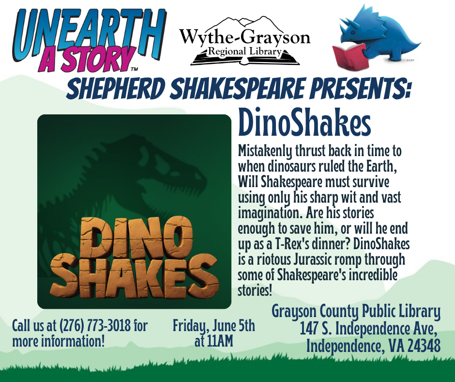 Green mountain background with Dinoshakes poster from Shepard Shakespeare