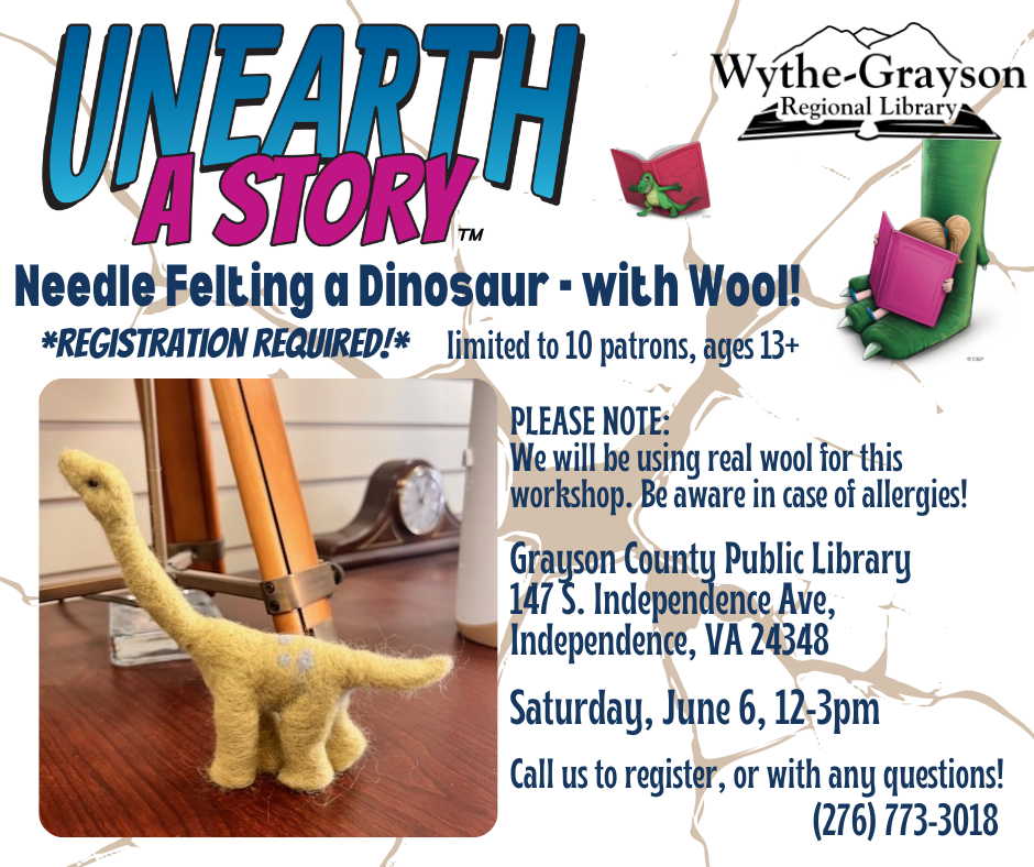 beige background with photo of wool felted dinosaur