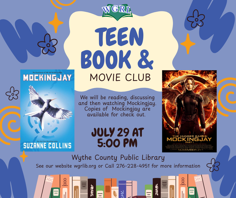 Blue background with Mockingjay book and movie cover