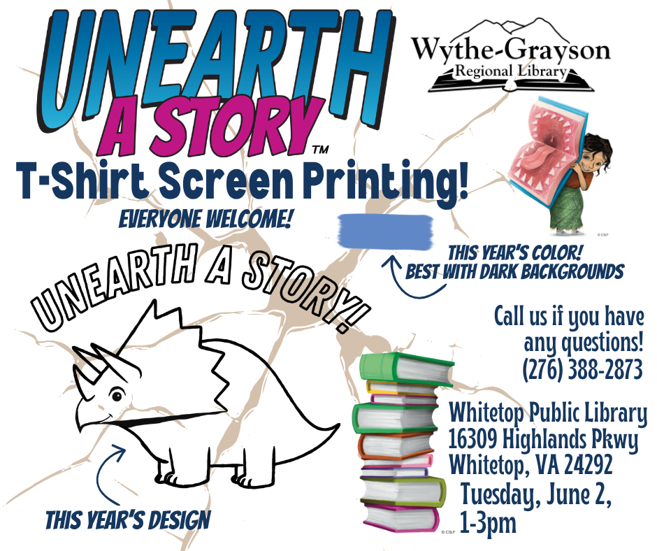 Unearth a story logo with t-shirt screen printing with a triceratops