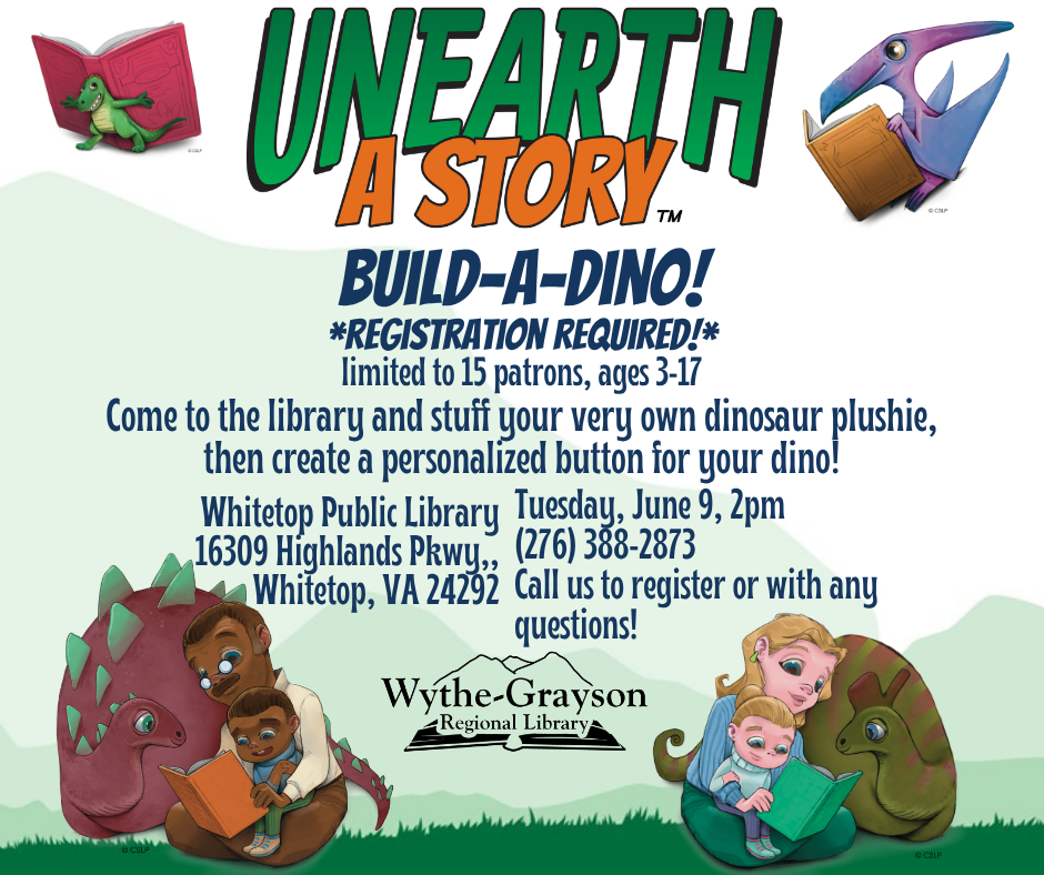 Green Mountain Background with graphics of kids and adults reading with dinosaurs,