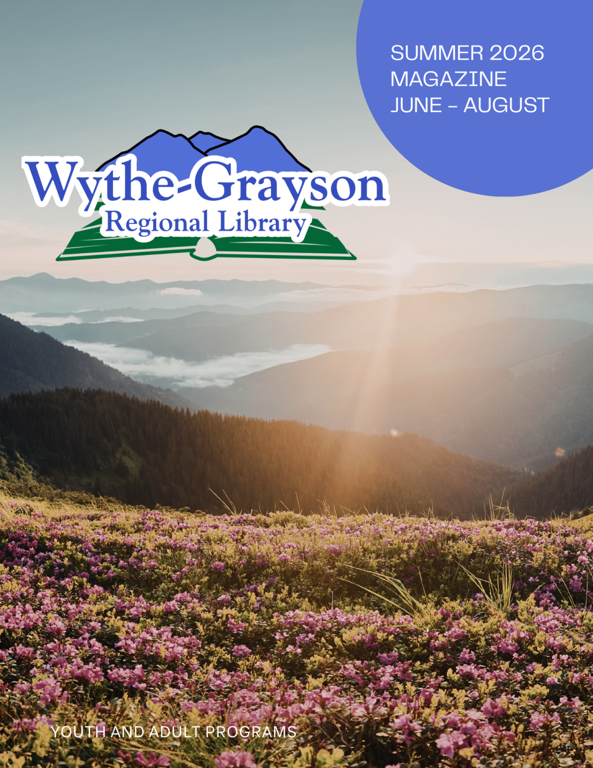 Mountain background with Wythe-Grayson Regional Library logo