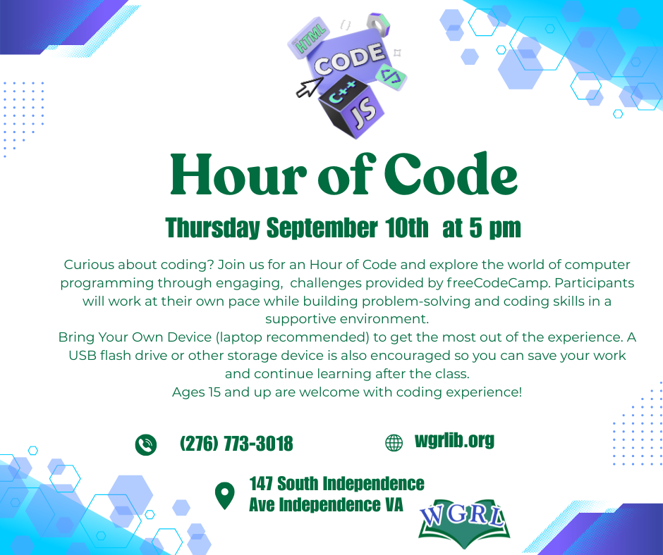 Flyer promoting an Hour of Code program hosted by Wythe-Grayson Regional Library. The flyer has a light gray background with blue and purple technology-themed graphics and hexagon patterns around the edges. At the top is an illustration featuring coding symbols and the words “HTML,” “Code,” “C++,” and “JS.”