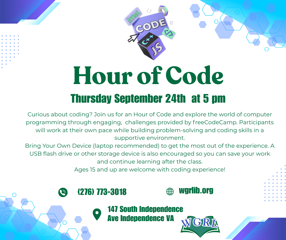 Flyer promoting an Hour of Code program hosted by Wythe-Grayson Regional Library. The flyer has a light gray background with blue and purple technology-themed graphics and hexagon patterns around the edges. At the top is an illustration featuring coding symbols and the words “HTML,” “Code,” “C++,” and “JS.”