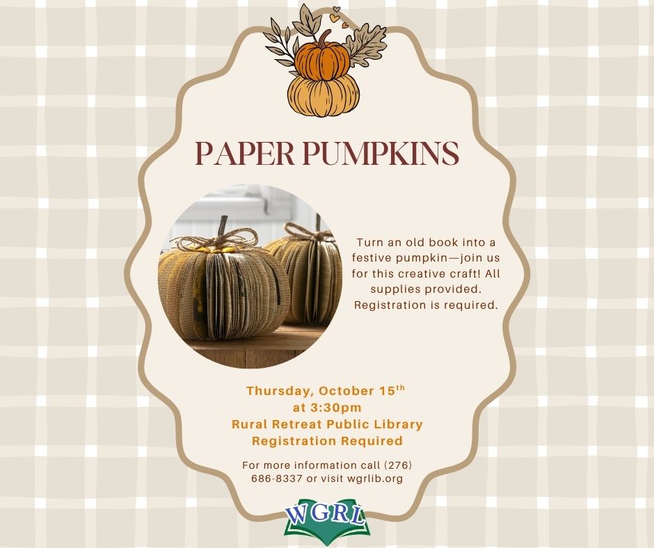 gray plaid background with paper pumpkins and image of book as a paper pumpkin