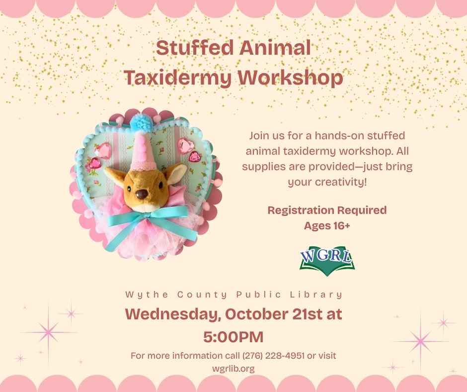 pink confetti background with an image of a stuffed animal and taxidermy workshop advertisement