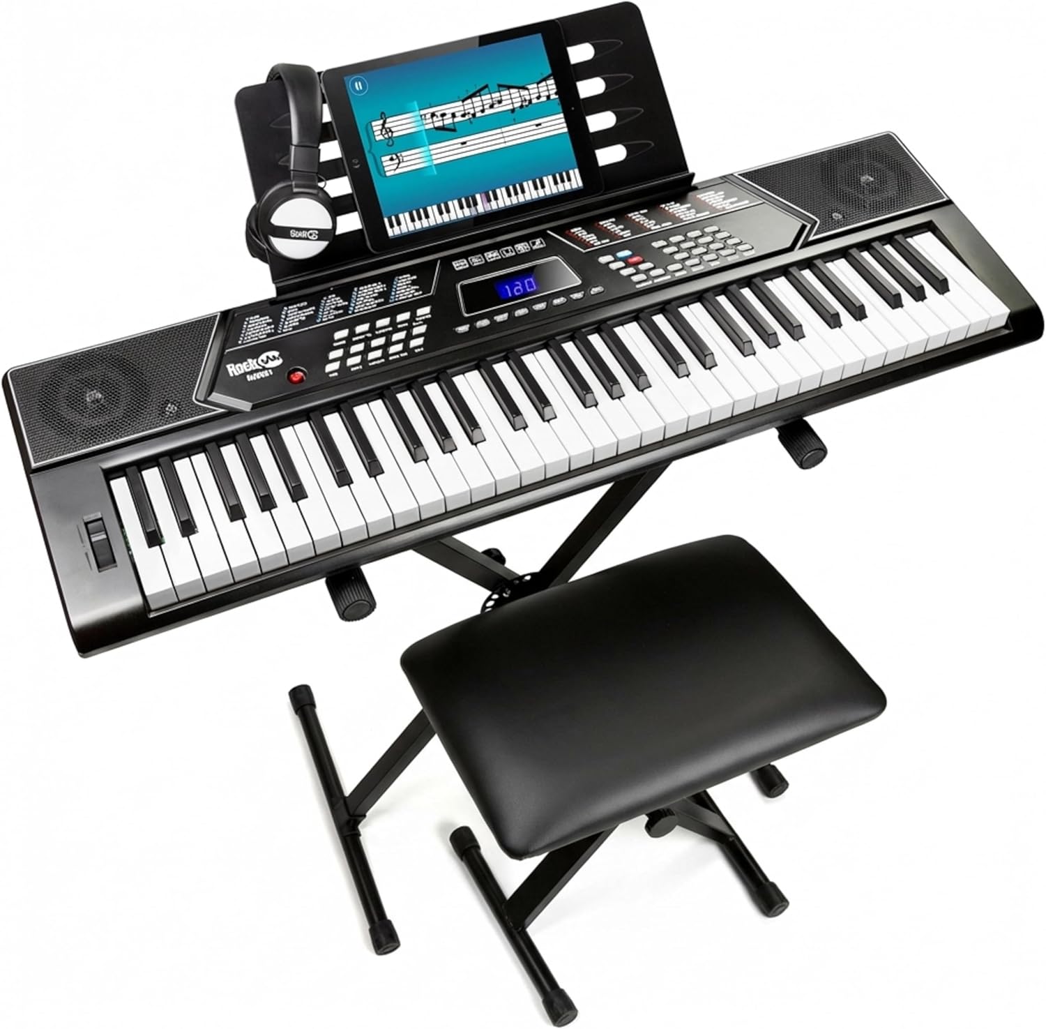 electric keyboard with bench and headphones