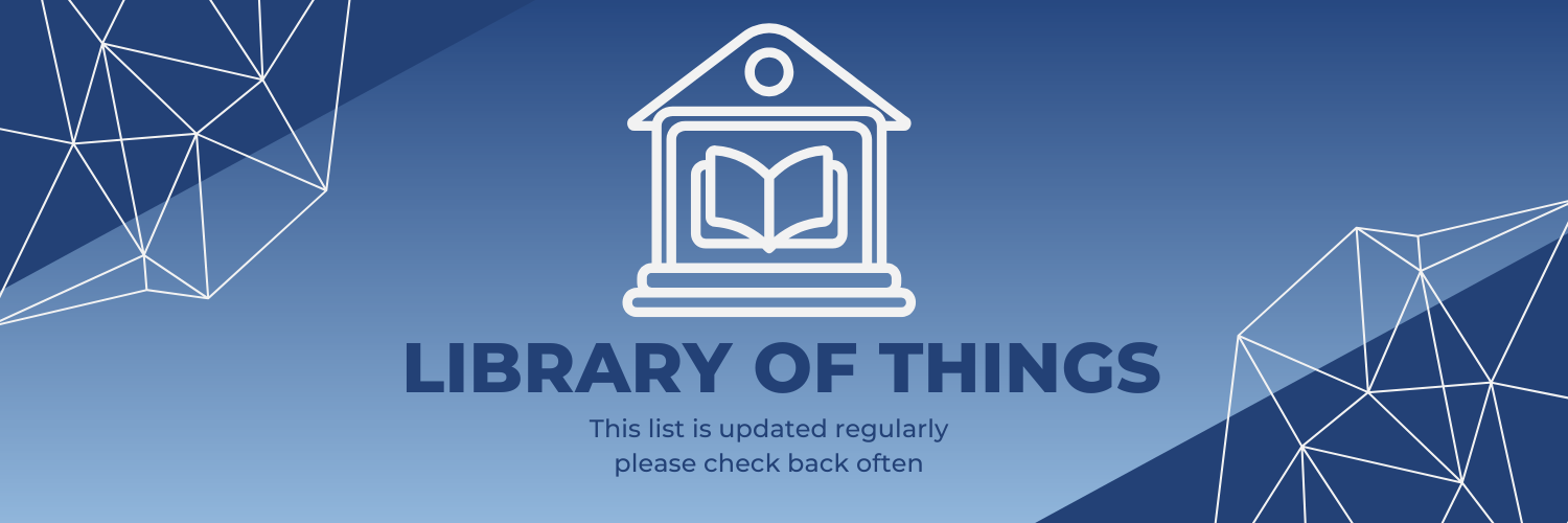 Library of things text with a blue background with a white library symbol