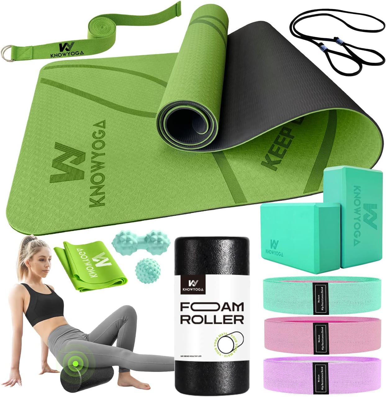 yoga set with blocks and bands and mat