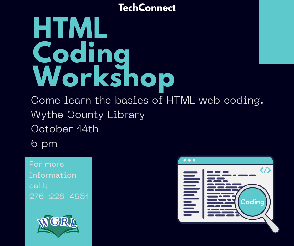 Dark Blue background with computer tab with coding for HTML