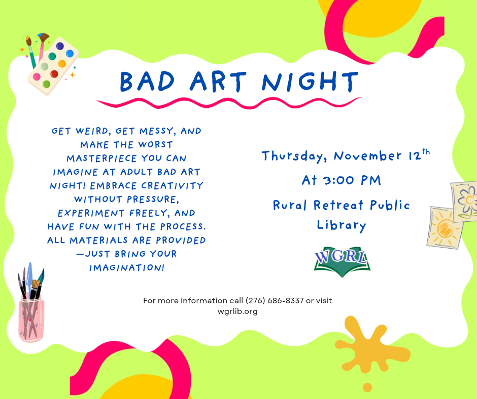 Art Supplies for bad art night at Rural Retreat Library