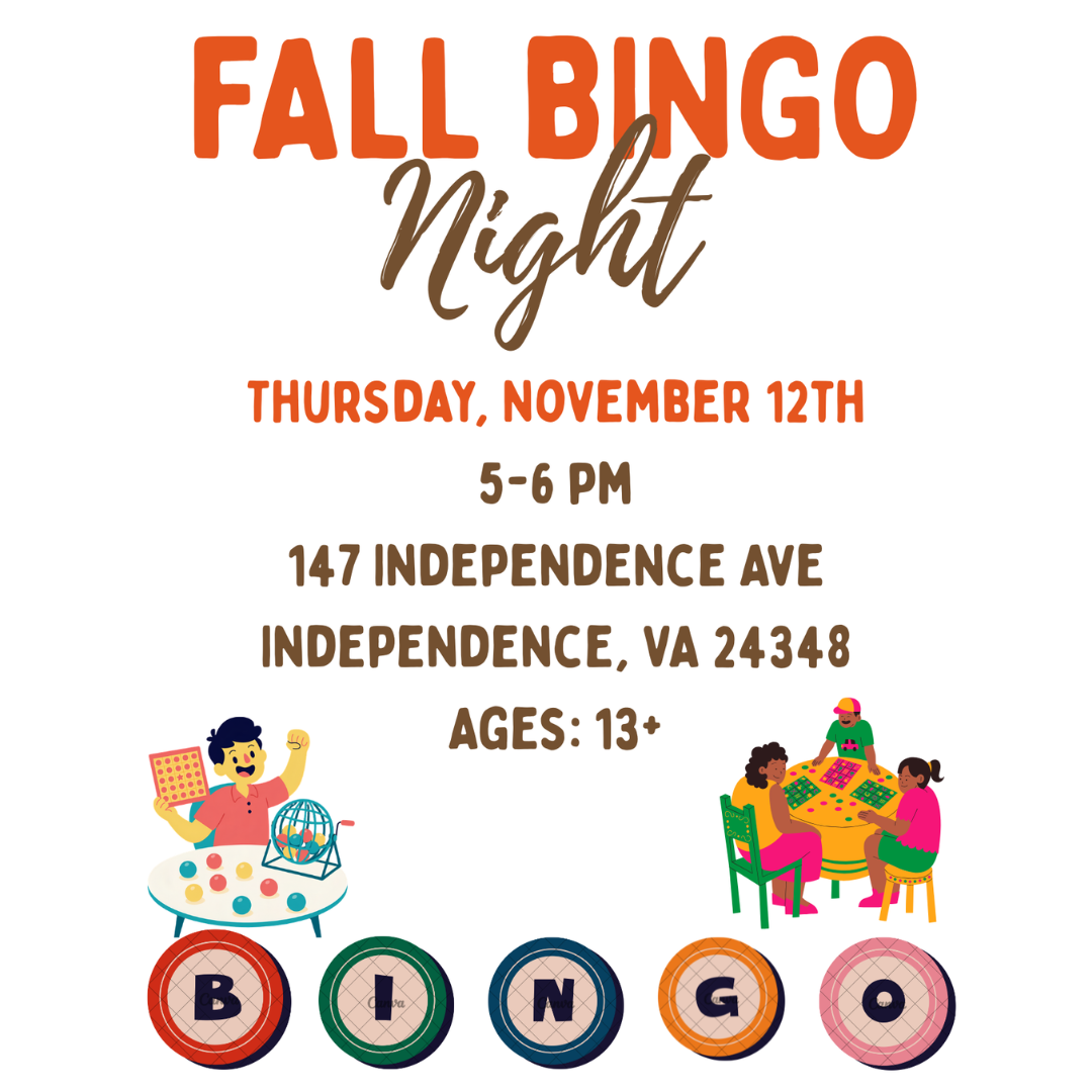Fall Bingo Night flyer. November 12, 5–6 PM at Grayson County Library. Ages 13+.